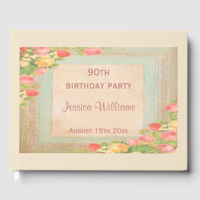 Elegant Vintage Roses 90th Birthday Guest Book (Front)