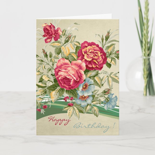 Elegant Vintage Roses Floral Birthday Card (Front)