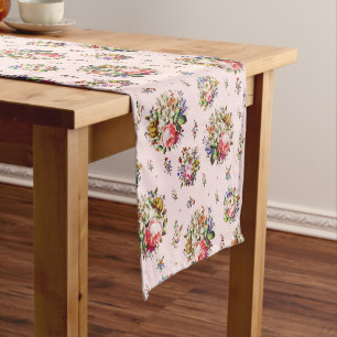 Elegant Vintage Roses Floral Pattern on Pink Short Table Runner