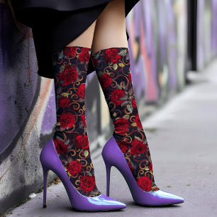 Elegant Vintage Roses & Gold Damask Pattern Classy Socks