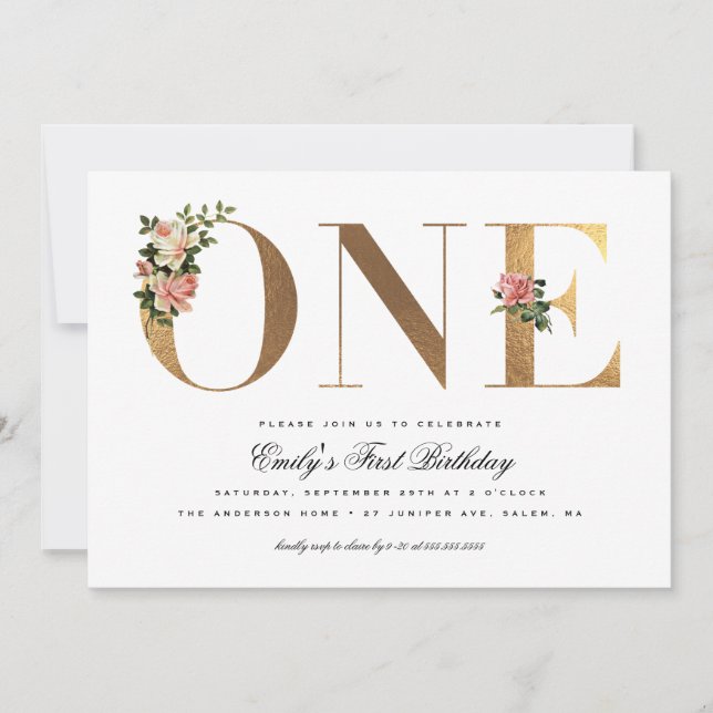 Elegant Vintage Roses Gold Foil 1st Birthday Invitation (Front)