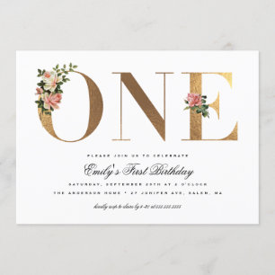 Elegant Vintage Roses Gold Foil 1st Birthday Invitation