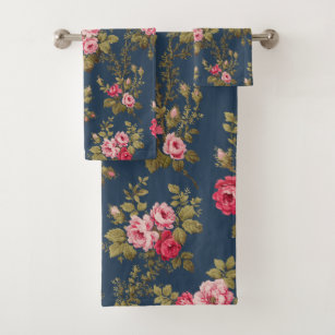 Elegant Vintage Roses on Blue Background Bath Towel Set