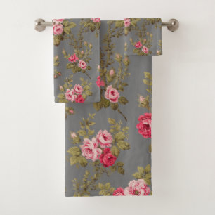 Elegant Vintage Roses on Grey Background Bath Towel Set