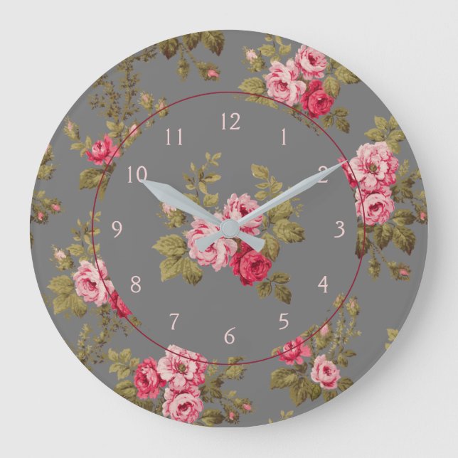 Elegant Vintage Roses on Grey Background Large Clock (Front)