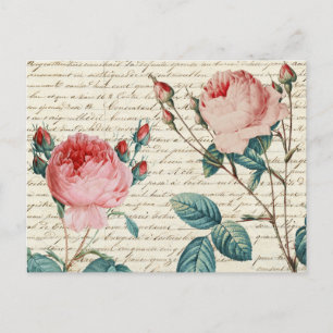 Elegant Vintage Roses on Handwriting French Script Postcard