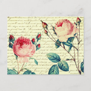 Elegant Vintage Roses on Handwriting French Script Postcard