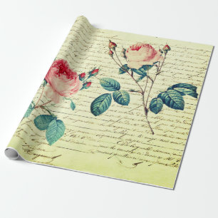 Elegant Vintage Roses on Handwriting French Script Wrapping Paper