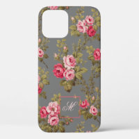 Elegant Vintage Roses w/Monogram-Grey Background