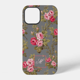 Elegant Vintage Roses w/Monogram-Grey Background iPhone 12 Case