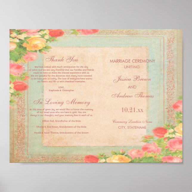 Elegant Vintage Roses Wedding Program Poster (Front)