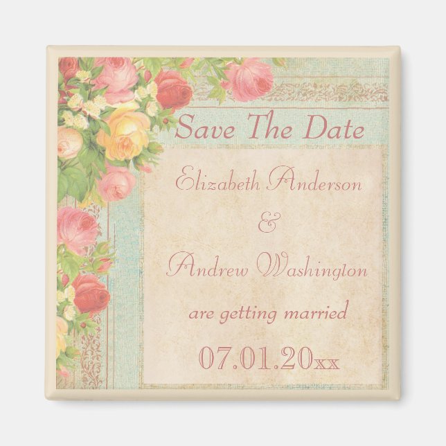 Elegant Vintage Roses Wedding Save The Date Magnet (Front)