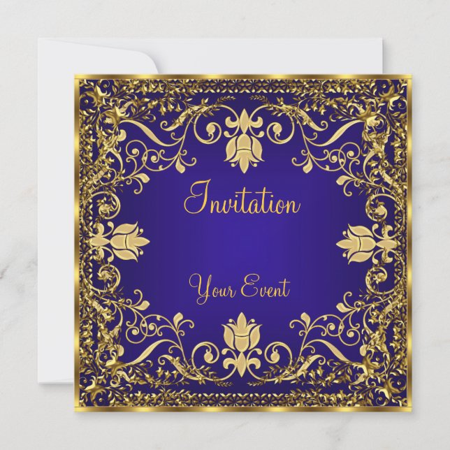 Elegant vintage Royal Blue Gold Invitation (Front)