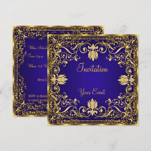 Elegant vintage Royal Blue Gold Invitation (Front/Back)