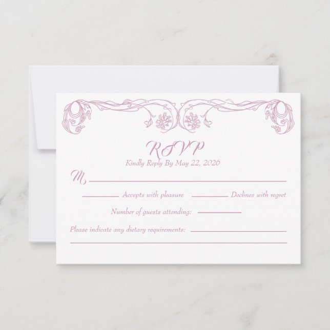 Elegant Vintage RSVP Card – Green Rose Filigree (Front)