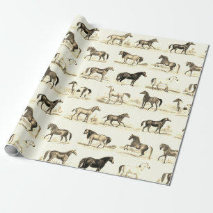 Elegant Vintage Rustic Beige Horse Breeds Toile Wrapping Paper