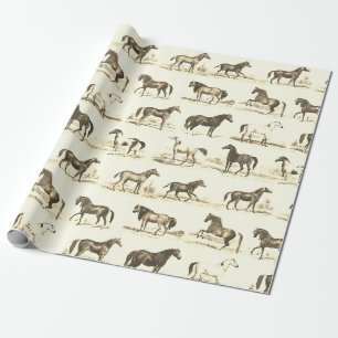 Elegant Vintage Rustic Beige Horse Breeds Toile Wrapping Paper