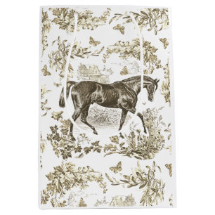 Elegant Vintage Rustic Beige Horse Floral Toile Medium Gift Bag