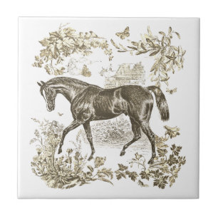 Elegant Vintage Rustic Beige Horse Floral Toile Tile