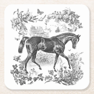 Elegant Vintage Rustic Black Horse Floral Toile Square Paper Coaster