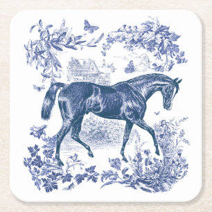 Elegant Vintage Rustic Blue Horse Floral Toile Square Paper Coaster