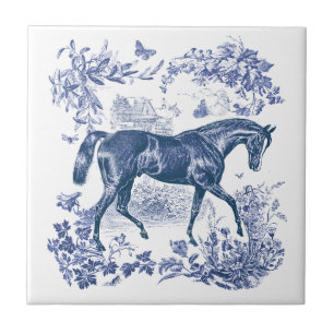 Elegant Vintage Rustic Blue Horse Floral Toile Tile