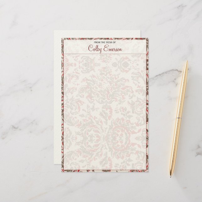 Elegant Vintage Rustic Filagree Burgundy Text Stationery (Front/Back In Situ)