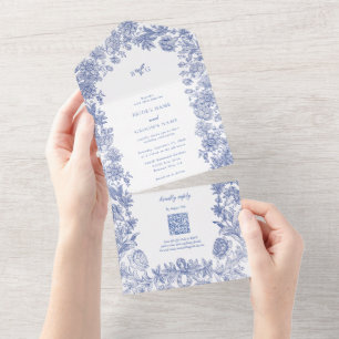 Elegant Vintage Rustic French Blue Floral Wedding All In One Invitation