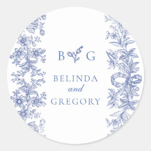 Elegant Vintage Rustic French Blue Floral Wedding Classic Round Sticker