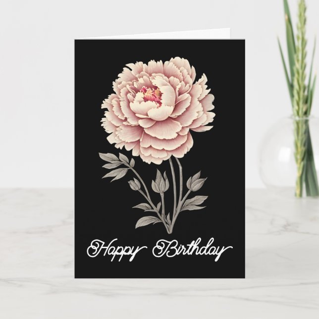 Elegant Vintage Rustic Pink Peony Happy Birthday Card (Front)