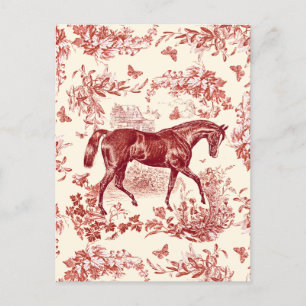 Elegant Vintage Rustic Red Horse Floral Toile Postcard
