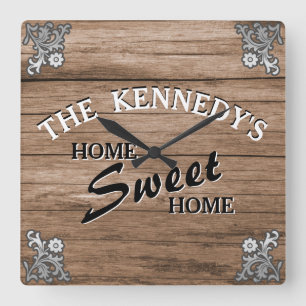 Elegant Vintage Rustic Wood Custom Family Name Square Wall Clock
