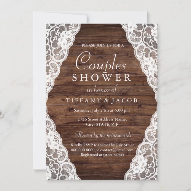 Elegant Vintage Rustic Wood Lace Couples Shower Invitation (Front)