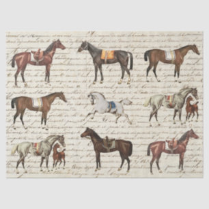 Elegant Vintage Saddled Horses Beige Script Tissue Paper