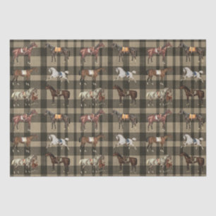 Elegant Vintage Saddled Horses Brown Beige Plaid Tissue Paper
