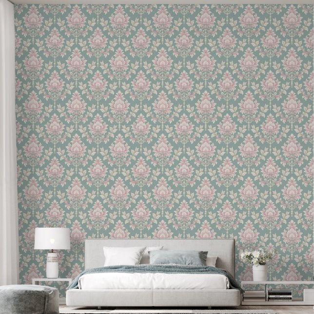 Elegant Vintage Sage Green and Pink Damask Wallpaper (Bedroom)