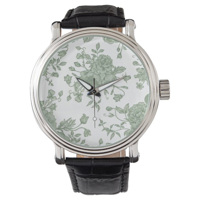 Elegant Vintage Sage Green French Floral  Watch (Front)