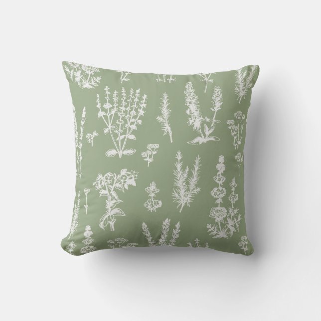 Elegant Vintage Sage Green Herbal Garden Pattern Cushion (Front)
