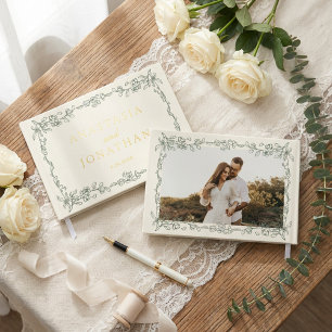 Elegant Vintage Sage Green Photo Wedding  Guest Book