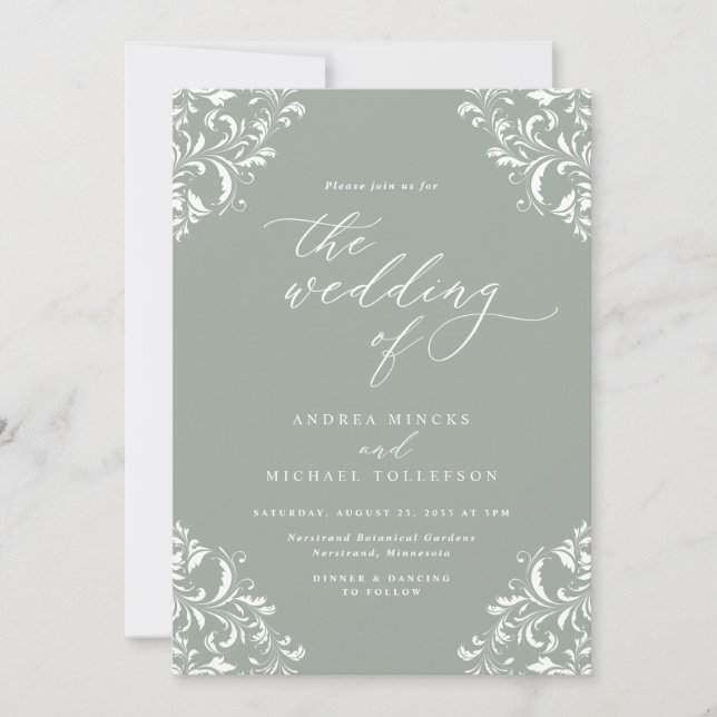 Elegant Vintage Sage Green Wedding Invitation (Front)