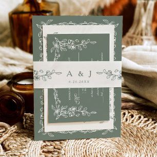 Elegant Vintage Sage Green Wedding Invitation Belly Band