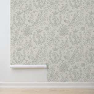 Elegant Vintage Sage Grey Equestrian Toile Wallpaper