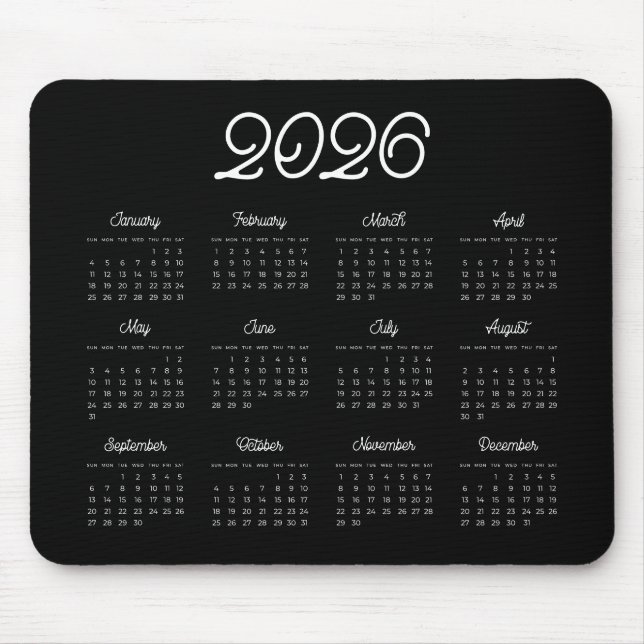 Elegant vintage script 2026 Black calendar Mouse Mat (Front)