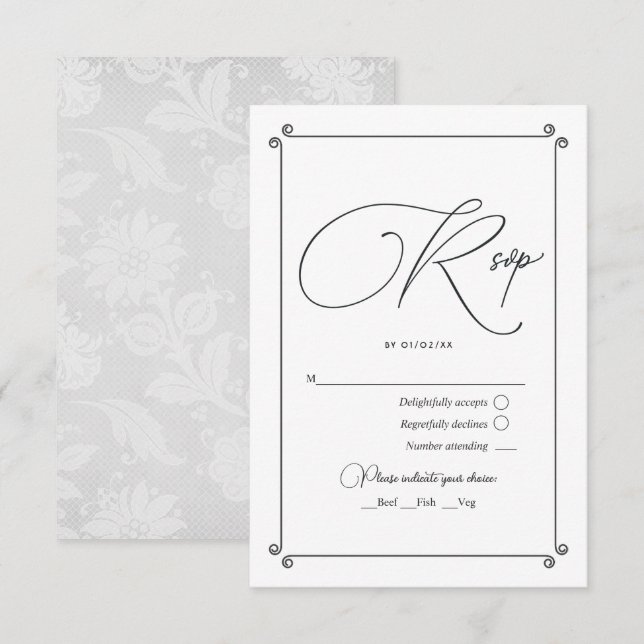 Elegant Vintage Script and Lace Wedding RSVP Card (Front/Back)