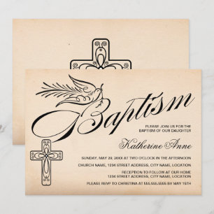 Elegant Vintage Script Cross and Dove Baptism Invitation