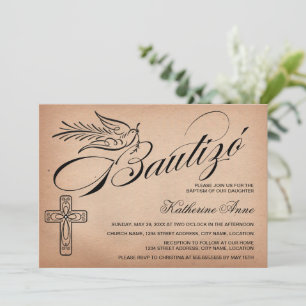 Elegant Vintage Script Cross and Dove Bautizó Invitation