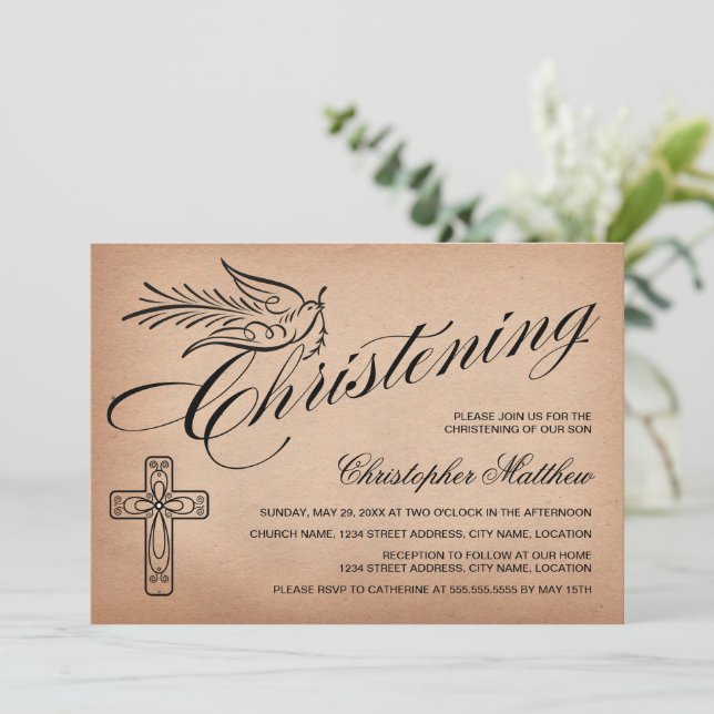 Elegant Vintage Script Cross and Dove Christening Invitation (Standing Front)