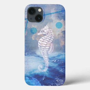 Elegant Vintage Seahorse Blue Ocean Waves iPhone 13 Case