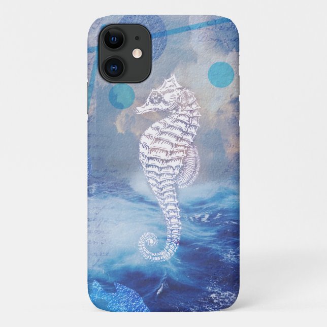 Elegant Vintage Seahorse Blue Ocean Waves Case-Mate iPhone Case (Back)
