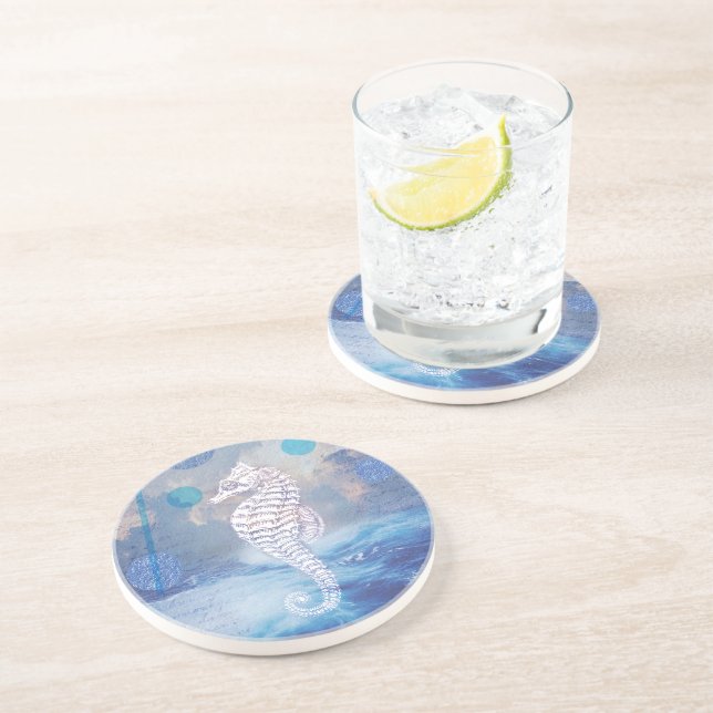 Elegant Vintage Seahorse Blue Ocean Waves Coaster (Side)